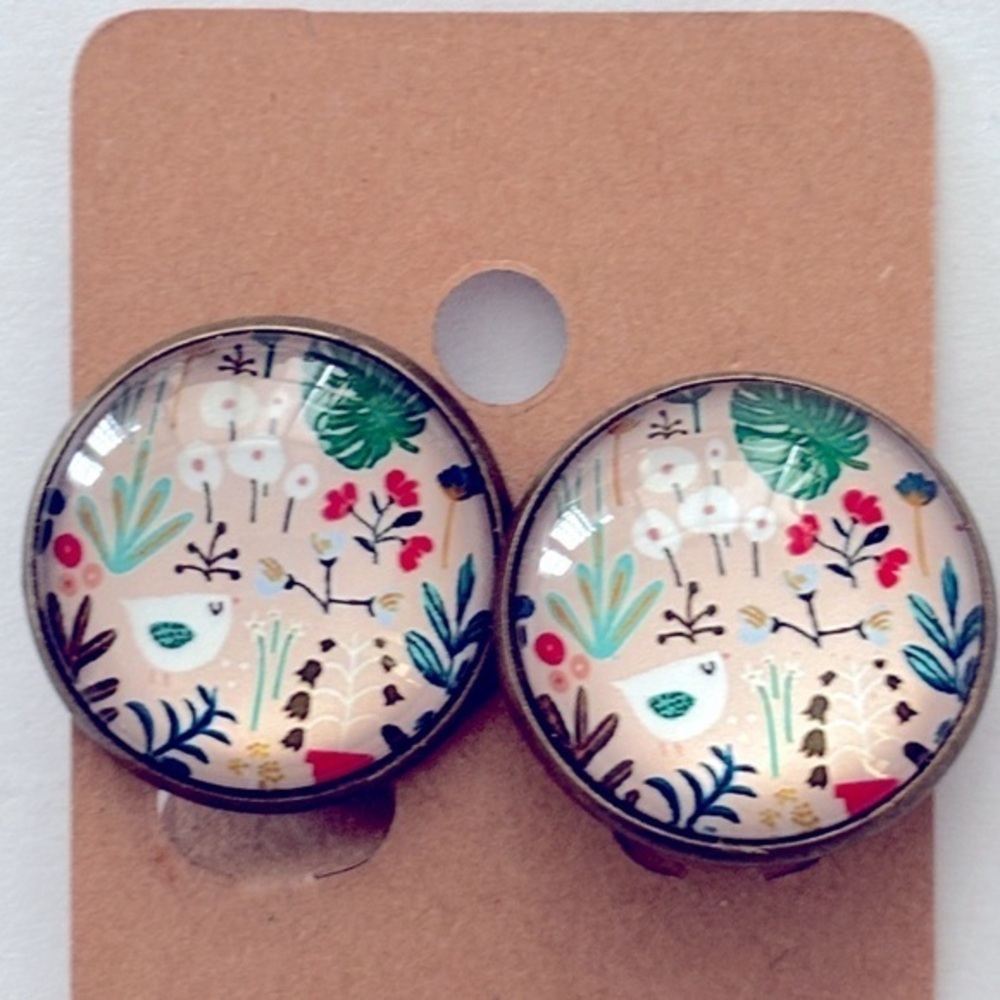 Floral Print 20mm Clip On Earrings, NWT, Handmade, Unworn